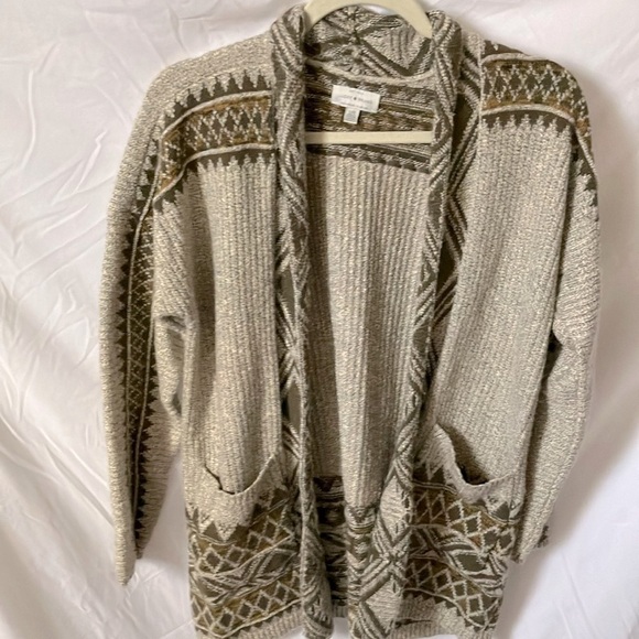Lucky Brand: Cream/Olive Green Cardigan- warm/cozy- L - Picture 1 of 16